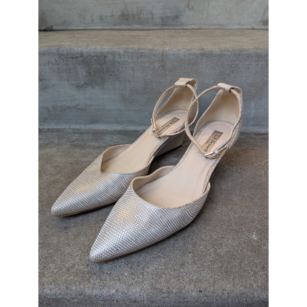 LK Bennett London Silver Pointed Toe Wedge Heels Ankle Strap Size 40/9